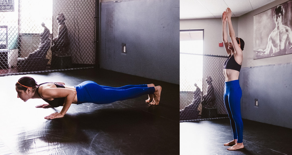 Woman doing burpees on mat